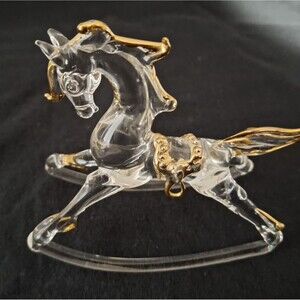 VTG Rare Hand Blown Iridescent Glass Rocking Horse Figurine Golden Detailing 3"